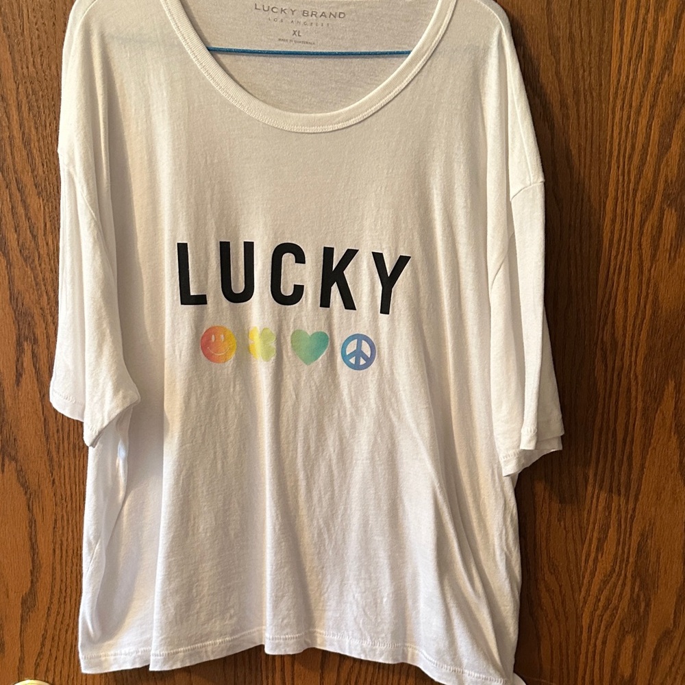 Lucky Brand White Tee with Colorful Symbols